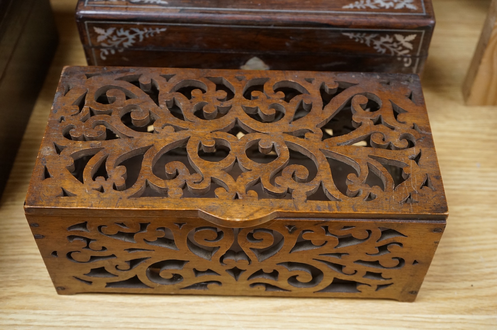 A collection of 19th and 20th century writing, stationery, tea caddies and painting boxes, largest 34.5cm wide (10)